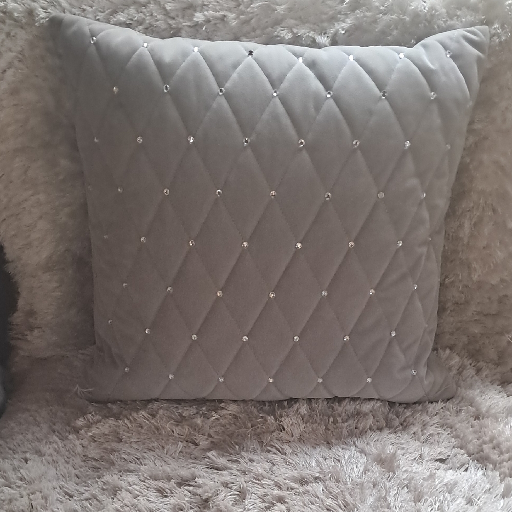 Gray Quilted Pillow with Rhinestones